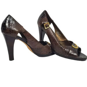Women's CALVIN KLEIN Strap Heels Brown Gold Croc Embossed Leather‎ Pumps SZ 8.5